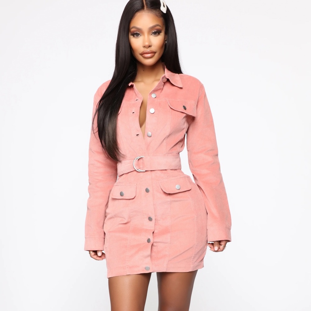 FASHION NOVA Pink Corduroy Belted Dress